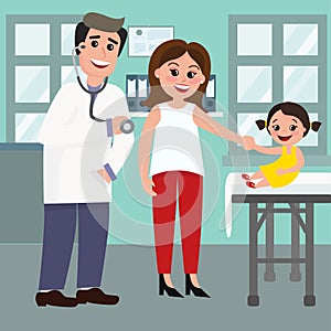 Vector illustration of pediatrician doctor and the mother with a baby girl in hospital. Caring for the health of the