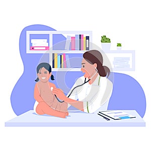 Vector illustration of pediatrics. Cartoon scene with doctor who is doing research on a baby on white background. A sick