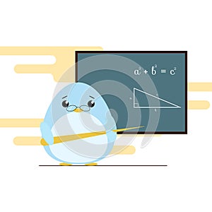 Vector illustration of penguin - teacher standing with board and teaching of geometry theorem.