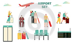 Vector illustration of people at airport terminal scene set