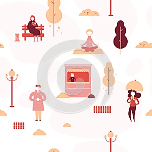 Vector illustration of people in autumn park doing leisure activities. Fall mood. Seamless pattern