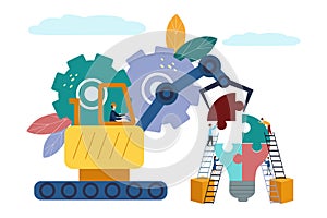 Vector illustration People connecting puzzle elements. Flat design. Teamwork, cooperation, partnership. Puzzle light.