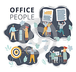 Vector illustration of People on dark background set. Office team working at workspaces. Work with files, cooler, aim