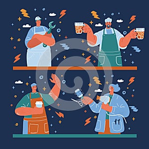 Vector illustration of people of different professions. Plumber, pub bartender, barista, hairdresser over dark backround