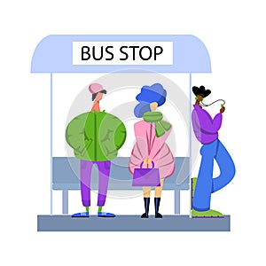 Vector illustration with people of different skin color who are waiting for transport at the bus stop in cold season.