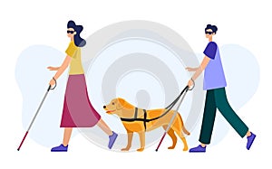 Vector illustration of people with disabilities in a cartoon style. A blind woman and a blind man with a walking stick