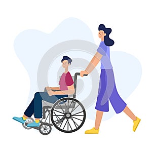 Vector illustration of people with disabilities in a cartoon style. A disabled man in a wheelchair with an accompanying