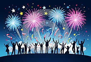 a vector illustration of people with fireworks and confetti, celeberating birthday