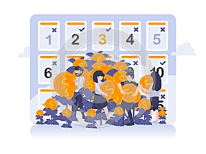 Vector illustration. People harvesting money from plants symbol of investment and salary payment. Payroll, annual bonus, income,