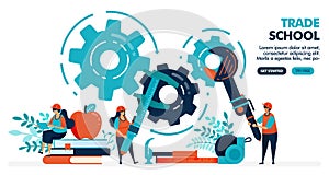 Vector illustration of people learning to repair machines. Trade school or vocational. University or college institution.