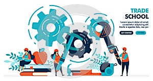 Vector illustration of people learning to repair machines. Trade school or vocational. University or college institution. photo