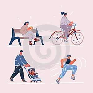 Vector illustration of people in park set. Father walking with baby carriage, women riding bike, running jogging and