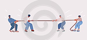 Vector illustration of people pulling a rope. Man and woman in team playing tug of war