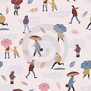 Vector illustration of people in the rain. Autumn mood.