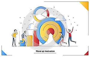 Vector illustration, people run to their goal on the column of columns, move up motivation, the path to the target`s photo