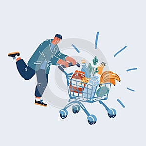 Vector illustration of people shopping at the supermarket, man with carts shopping basket full of food