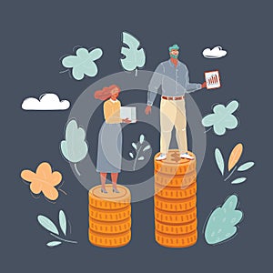 Vector illustration of people standing on stacks of coins. Concept of unequal pay for women and men on dark background.