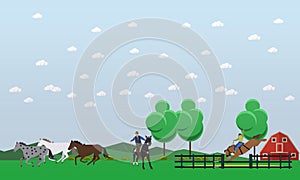 Vector illustration of people taming wild horses near horse farm