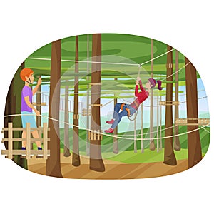 Vector illustration of the people training hiking on the ropes between trees. Rope park.