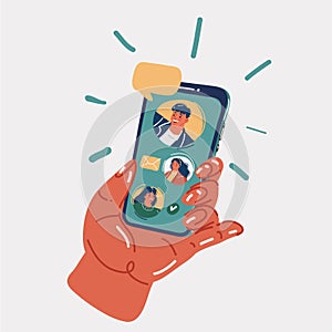 Vector illustration of peoples faces on display smartphone. Hand holding mobile phone. Chat, Video call with friends or