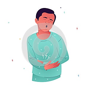 Vector illustration of a person who is experiencing discomfort. A person in a slightly bent position holds his stomach with his