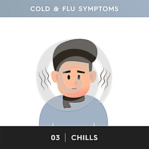 Vector illustration of a person who is feeling chills and shivering from the cold. A man with a scarf around his neck