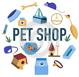 Vector illustration for a pet store with a text and accessories for animals