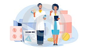 Vector illustration of pharmacists. Cartoon scene with doctors that prescribe treatment with pills and syrups white