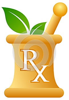 Pharmacy mortar and pestle with rx sign photo