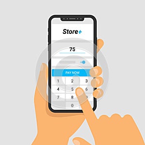 Vector illustration of phone in hand. The application for paying for purchases on smartphone screen. Enter amount on