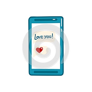 Vector illustration, phone with the message I love you in doodle style, 80s style, valentine's day