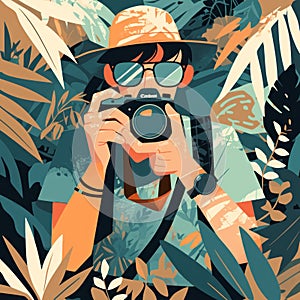 Illustration of a Person Taking a Photo in a Lush Tropical Forest photo