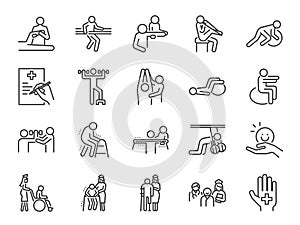 Physical therapy line icon set. Included icons as recovery, body, Nursing Home, take care, hospital, physiology and more.