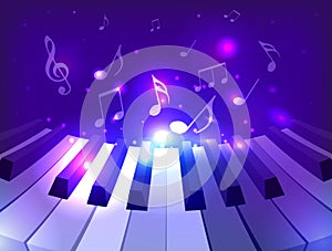 Vector illustration of piano keys, notes and sparkles