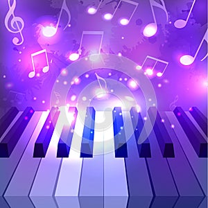 Vector illustration of piano keys, notes and sparkles