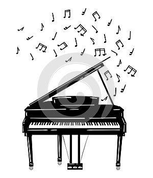 Vector illustration of a piano with notes. Keyboard musical instrument. Stylized grand piano issuing sound. Musical