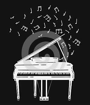 Vector illustration of a piano with notes. Keyboard musical instrument. Stylized grand piano issuing sound. Musical