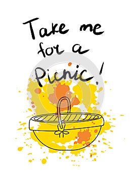 Vector illustration picnic and basket. Hand-drawn lettering and elements with yellow texture background