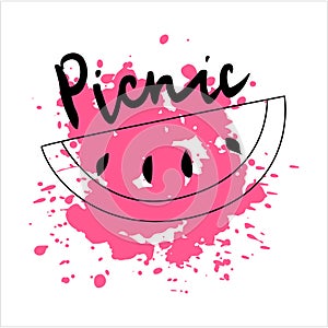 Vector illustration picnic. Hand-drawn black lettering and lineart doodle watermelon with pink texture background