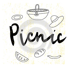 Vector illustration picnic. Hand-drawn lettering and elements with texture background