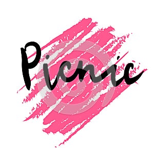 Vector illustration picnic. Hand-drawn lettering with pink texture background