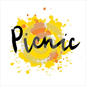 Vector illustration picnic. Hand-drawn lettering on yellow and orange texture background