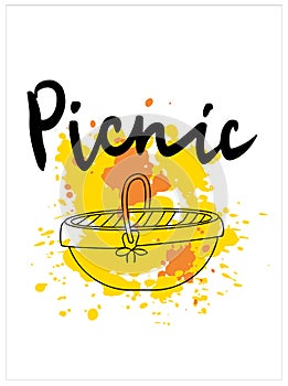 Vector illustration picnic. Hand-drawn lettering on yellow and orange texture background