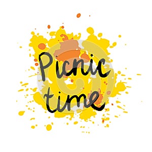 Vector illustration picnic. Hand-drawn lettering with yellow texture background