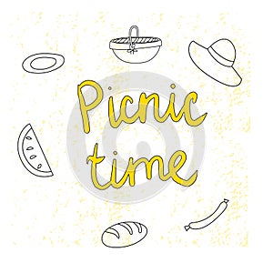 Vector illustration picnic time. Hand-drawn yellow lettering and elements with texture background