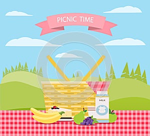 Vector illustration. Picnic time.Shopping cart with products.Milk, cake, apple, pear, grapes,bananas.