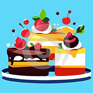 Vector illustration of a piece of cake with cream and cherry on a plate Generative AI