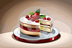 Vector illustration of a piece of cake with strawberries on a plate, birthday celebration, sweet bakery, generative ai