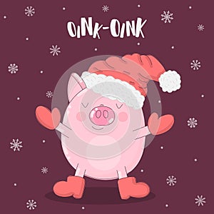 Vector illustration of a pig in winter clothes and snowflakes on a burgundy background with the inscription oink. Image for New Ye