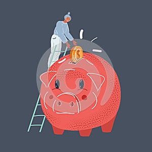 Vector illustration of Piggy bank, money box. Woman save her money and invest strategy concept on dark background.